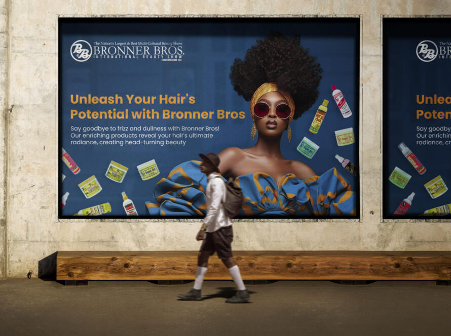 Outdoor billboard for Bronner Bros International Beauty Show featuring a stylish Black woman with voluminous natural hair, sunglasses, and a bold blue-and-gold dress surrounded by hair care products, promoting frizz-free and radiant hair