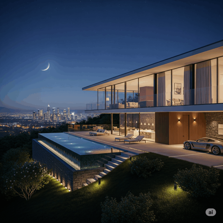 Luxury modern hillside mansion with infinity pool overlooking a city skyline at night under a crescent moon.