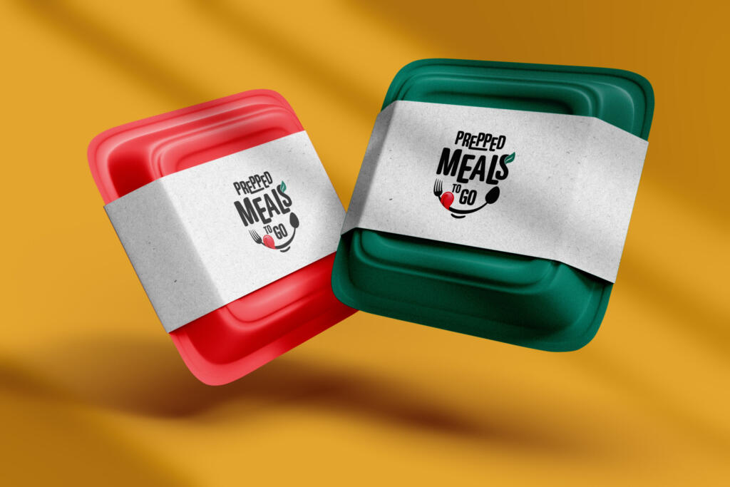 Two meal prep containers, one red and one green, with “Prepped Meals To Go” branding, displayed on a yellow background.