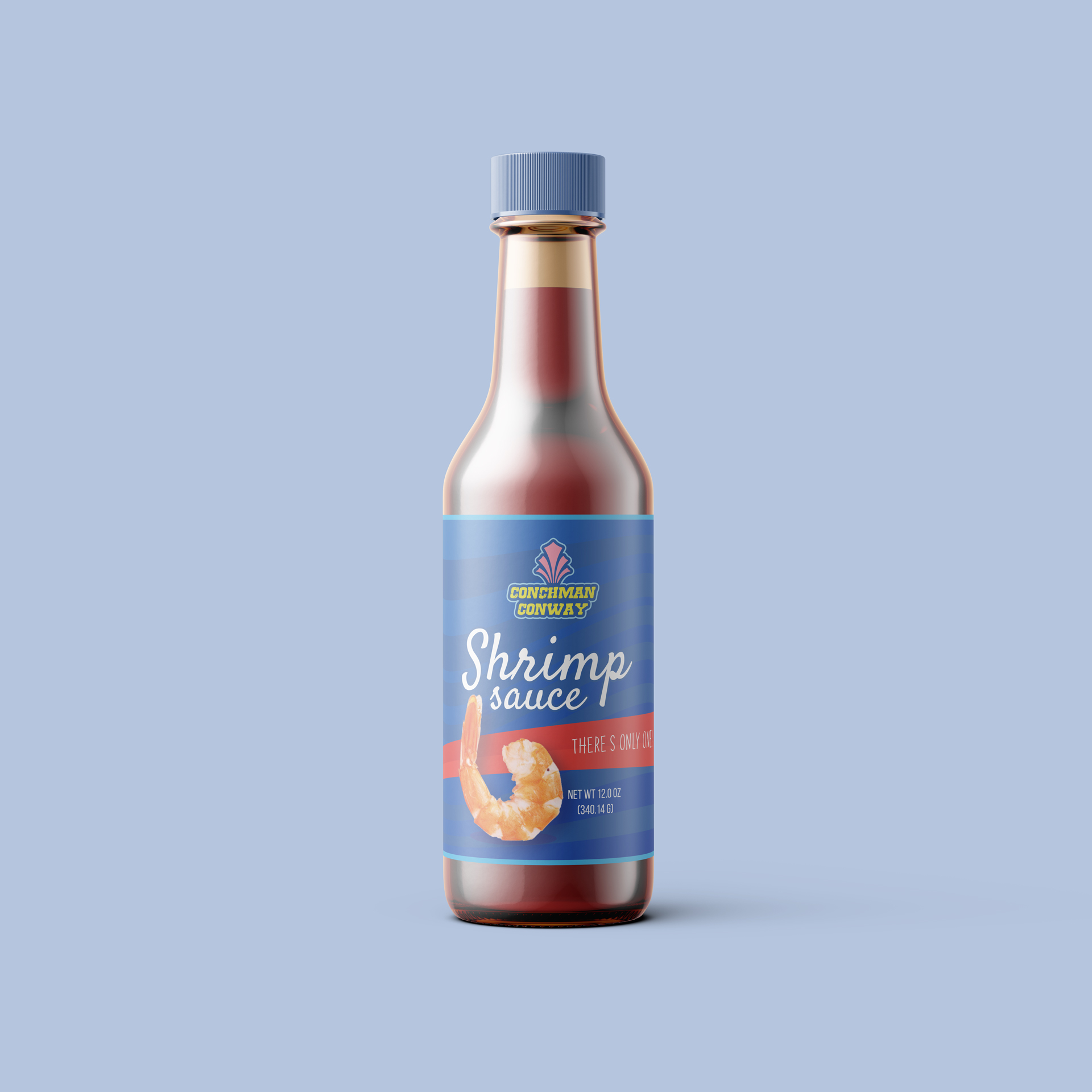 Conecuhman Conway shrimp sauce bottle with blue and red label, featuring a shrimp graphic, on a light blue background.
